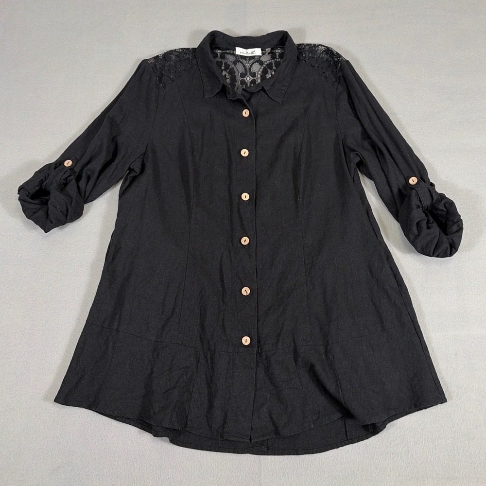 Simply Noelle Black Linen Blend Lace Shoulder Roll‎ Tab Sleeve Tunic Top XL
